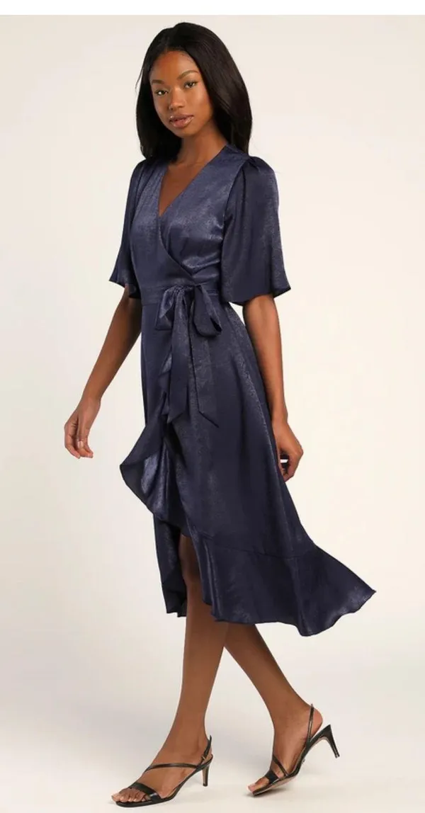 Lulus Wrapped Up In Love Navy Blue Satin Faux-Wrap Midi Dress - Image 2