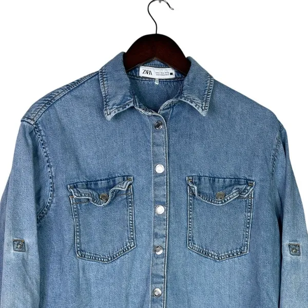 Zara Denim Snap Button Down Collard Western Style Long Sleeve Denim Shirt S Blue - Image 2