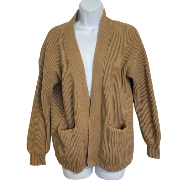 QUINCE 100% Organic Cotton‎ Oversized Ribbed Camel Brown Cardigan XS - Image 2