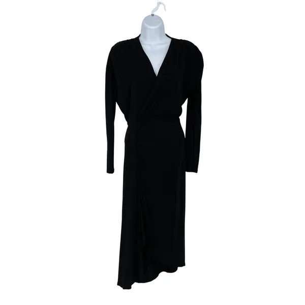 ATLEIN Black Long Sleeve Ruched Asymmetric‎ V Neck Midi Dress Size 6 Formal - Image 3