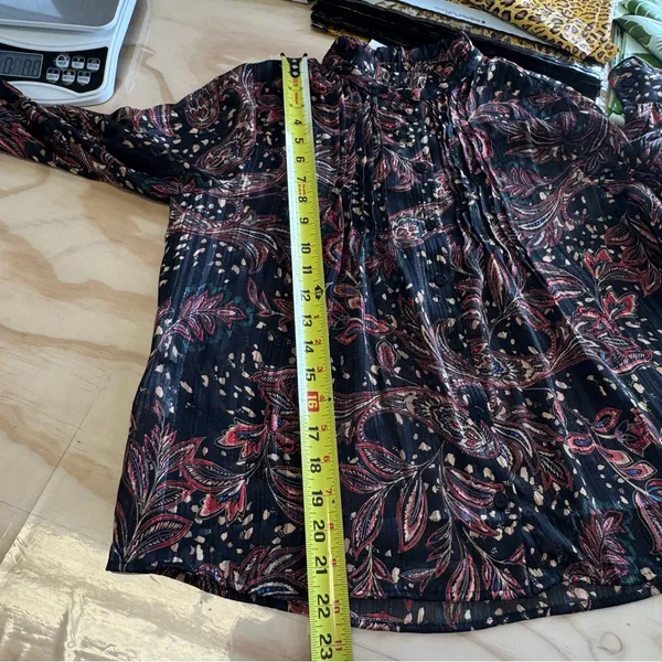 NWT Mango Floral Paisley Metallic Contemporary Ruffle‎ Sheer Blouse Blk Burgundy - Image 10