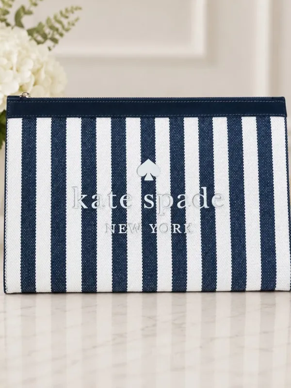 Kate Spade Blue White Stripe Canvas Zip Pouch Leather Trim NWT - Image 2