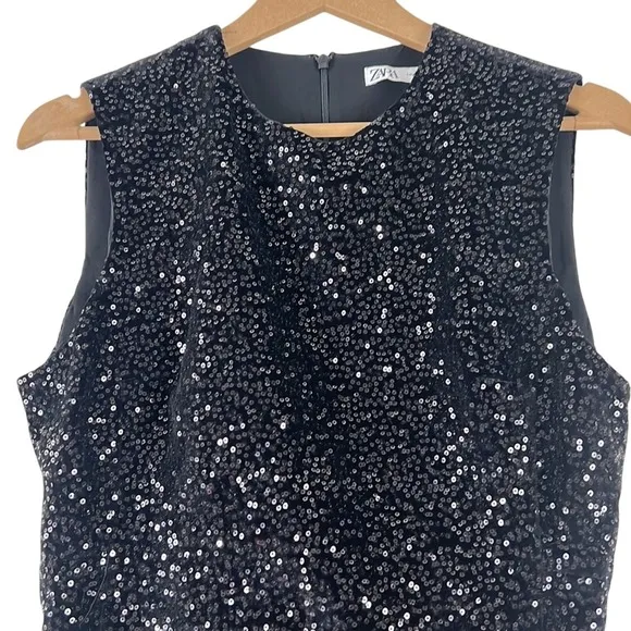 Zara Mini Dress Womens M Black Sequin Sleeveless Glam Cocktail‎ Party LBD NYE - Image 3