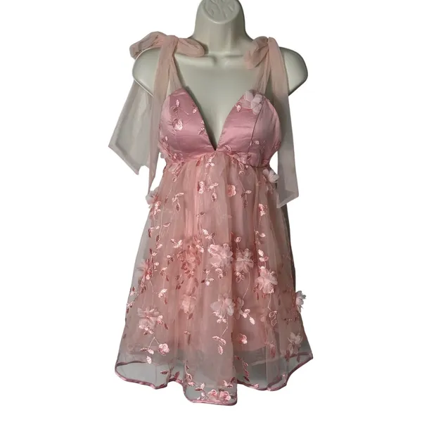 Selfie‎ Leslie Spring Bloom Tied Shoulder Embellished Mini Dress Pink Size XS/2 - Image 4