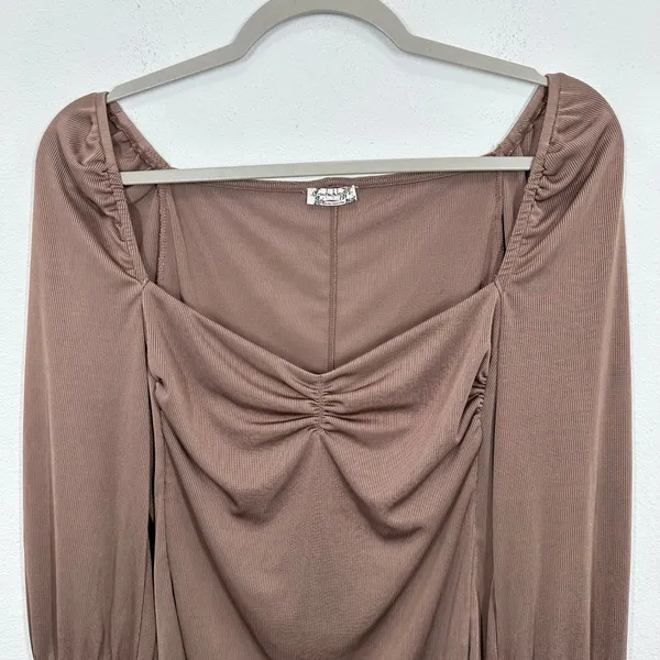 Intimately Free People Size Large Ciao Bella Long Sleeve Ruched Top Brown Ribbed - Image 3