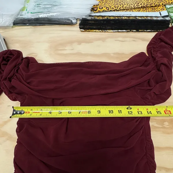 NWT Pretty Garden Burgundy Mesh Ruched Off Shoulder Bodycon Midi‎ Dress Wine Med - Image 10