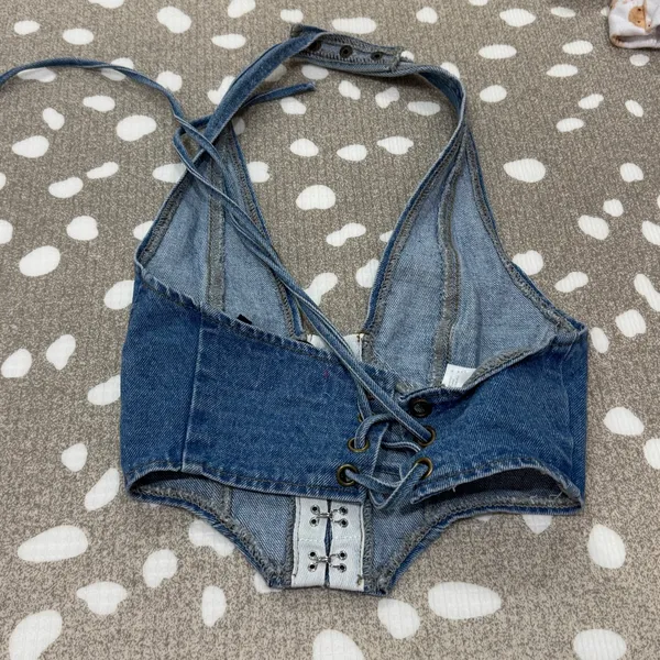 Edikted denim corset top cropped Katrina Lace Up halter scoop vneck - Image 6