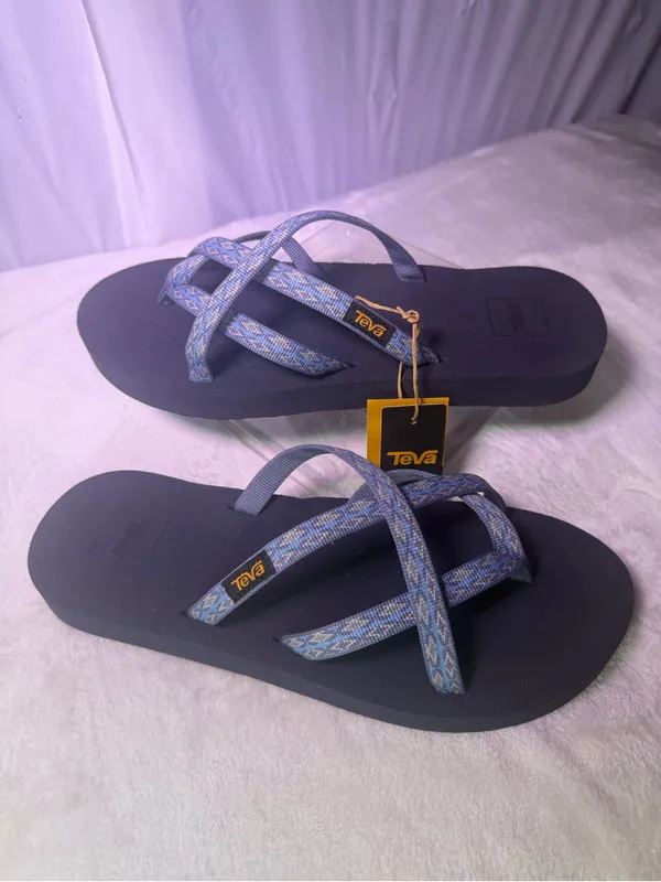 Teva Kids Navy Footbed Flip Flops with Blue Patterned Straps - Image 3