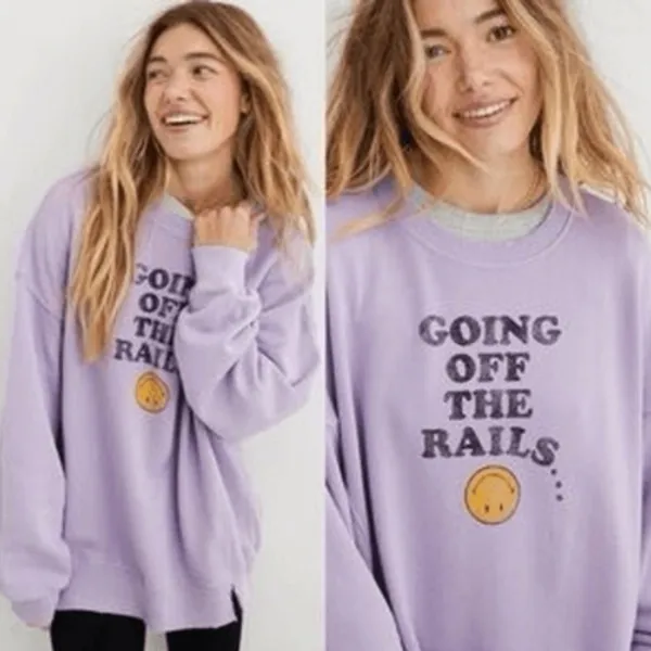 Aerie Smiley Company Going Off The Rails Sweatshirt Purple Oversized Small - Image 2