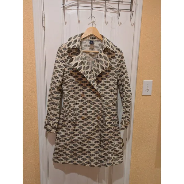 GAP Trench Coat, Geo Print, Ivory, Black & Tan, Sz: XS No Belt - Image 6