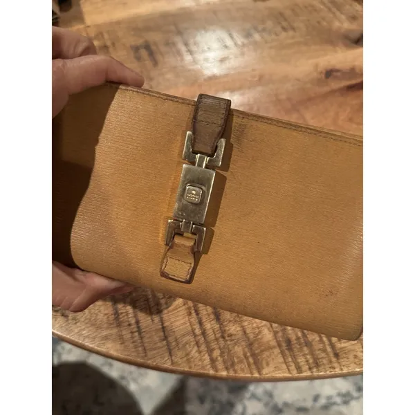 Authentic Gucci Vintage Tan Leather Clutch Wallet Jackie Clasp Italy‎ - Image 2