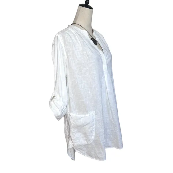 Seafolly White Cotton Tunic Beach Cover Up Roll Tab Sleeve M‎ Minimalist Travel - Image 3