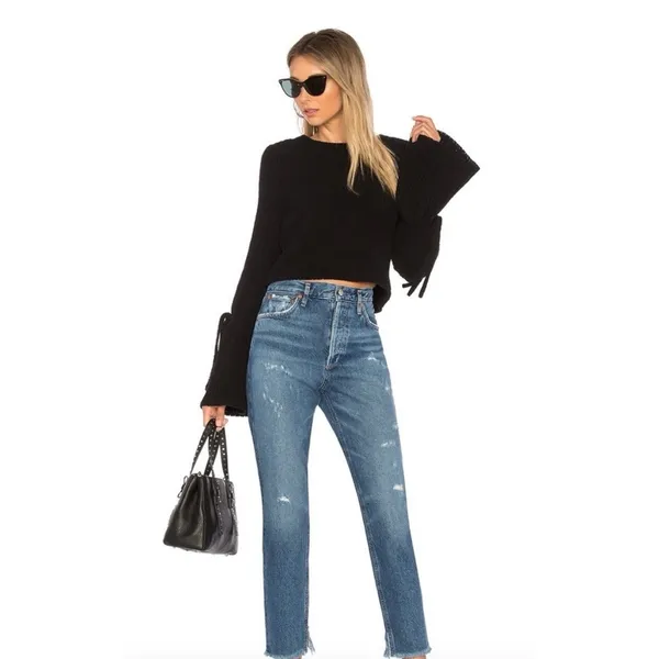 Lovers + Friends Parkwood Black Chenille Knit Tie Bell‎ Sleeve Cropped Sweater M - Image 4