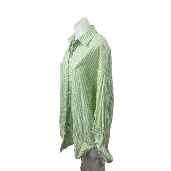 Stradivarius Green Gingham Check Collared Long Sleeve Button Down Shirt Top Sz S - Image 4