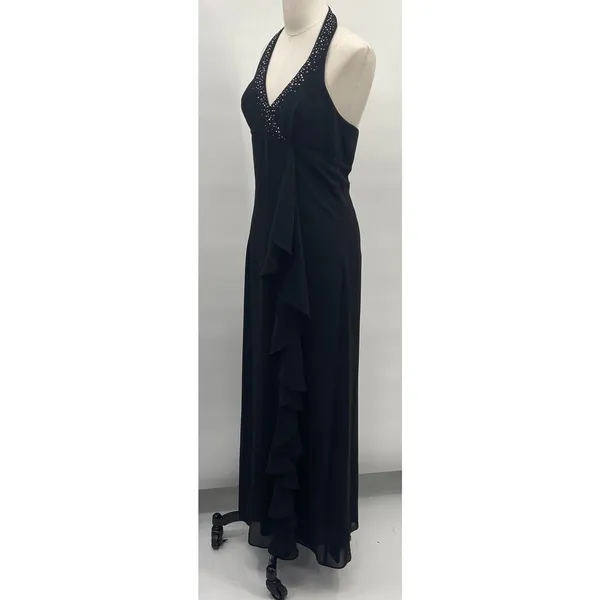 Vintage Y2k Rhinestone Halter Ball Gown V Neck Surplice Ruffle Front Black 4 - Image 6