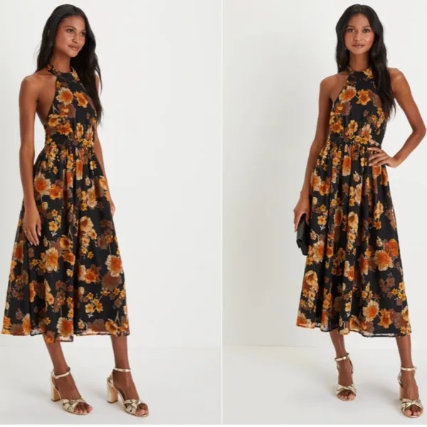 LULU's Floral Sexy Flowy Special Event Prom Wedding Elegant Midi Dress - Image 3