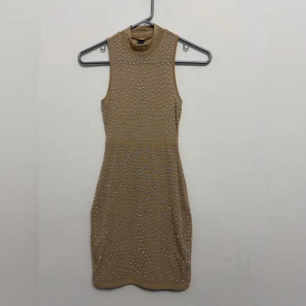 Windsor Womens Size S Nude Rhinestone Bodycon Midi Dress Sleeveless Stretch(E49✨ - Image 4