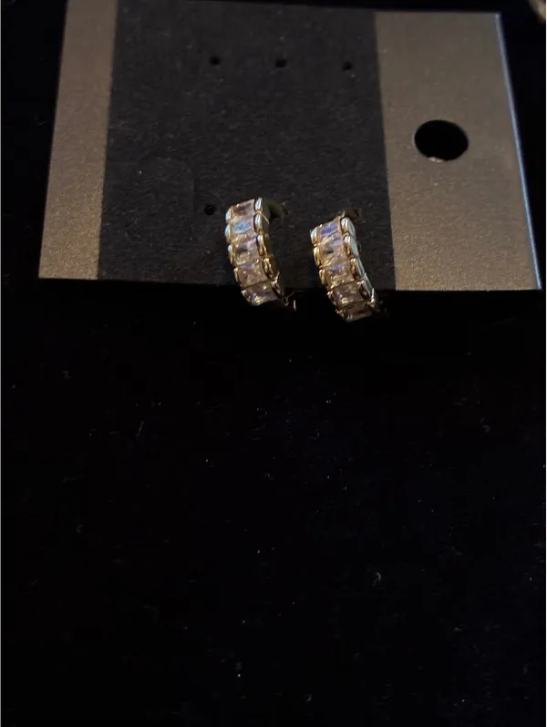 Gold tone CZ Huggie Hoops | Baguette + Round Crystals - Image 3