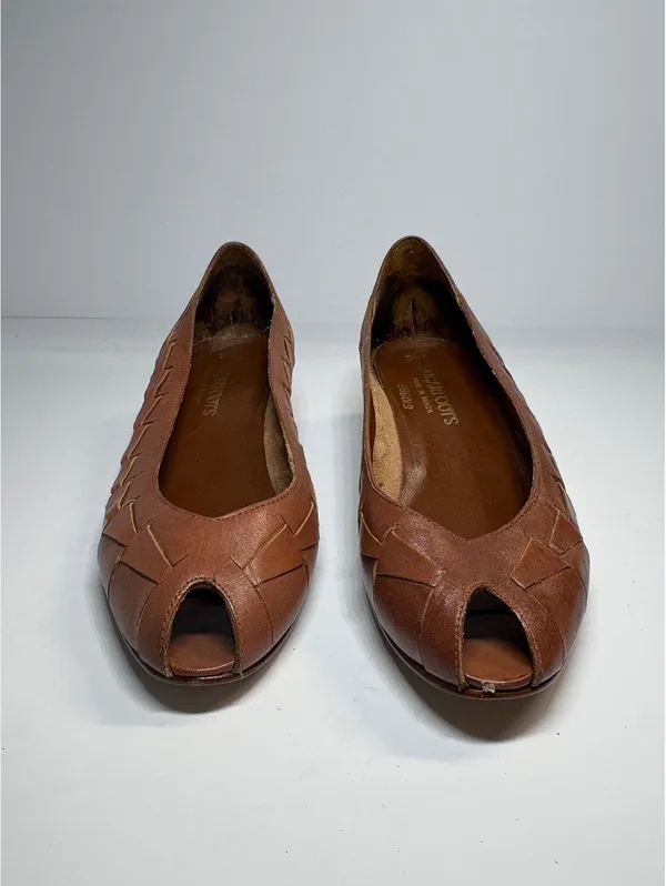 Vintage Sugarfoots Brown Leather Woven Peep Toe Pumps Women’s 7.5 M Brazil - Image 4