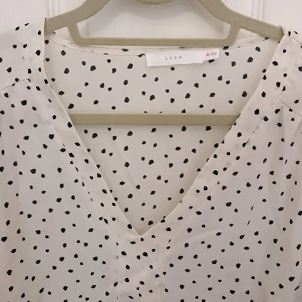 LUSH Abstract Polka Dot Tie Sleeve Sheer V-Neck Blouse - Image 2