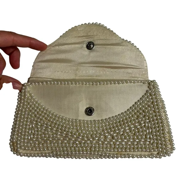 VTG 50s Pearl Beaded Clutch Japan White Evening Bag Glam Coquette Bridal Wedding - Image 4