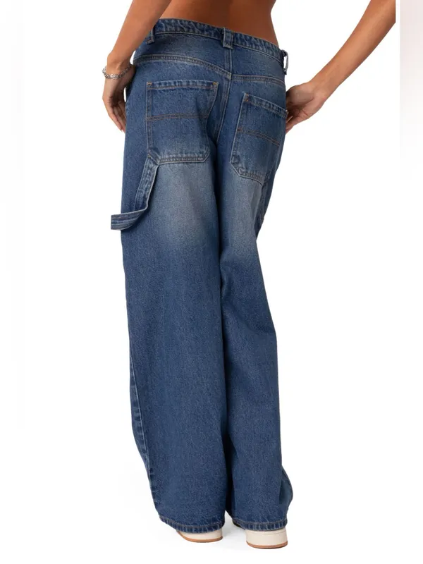 Edikted Wide Leg Carpenter Jeans Y2K Skater Baggy Denim‎ Blue High Rise XS - Image 2