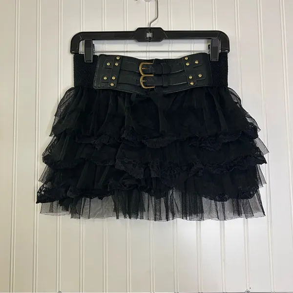 Black Tiered Lace Tulle Mini Skirt Buckle Waist Size Small - Image 2