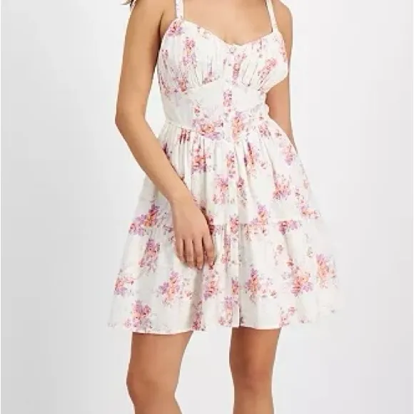 And Now This Women’s Floral Sweetheart Mini Dress Medium Cottagecore Linen Blend - Image 9