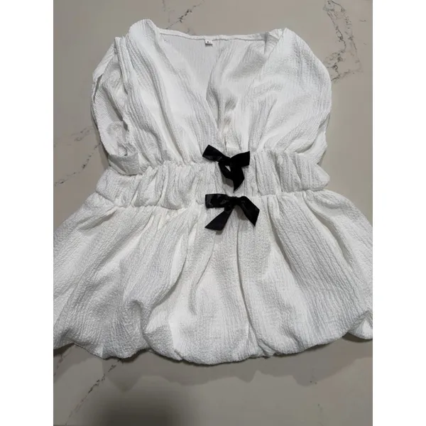NEW White V Neck Sleeveless Bow Plisse Shirt Tank Top - Image 5