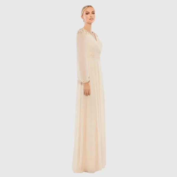 MAC DUGGAL Beige Embellished Shoulder Blouson Sleeve Evening Gown Size 8 - Image 3