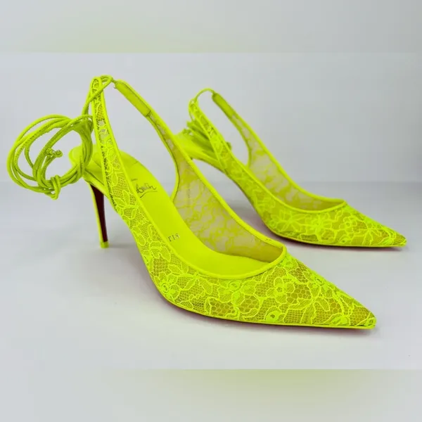 Christian Louboutin Kate 85mm Lace Wraparound Neon Fluo Yellow Pumps EU 38 - Image 13