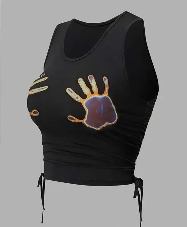 Shein Graphic Handprint Sleeveless Drawstring Ruched crop tank, size small. - Image 3
