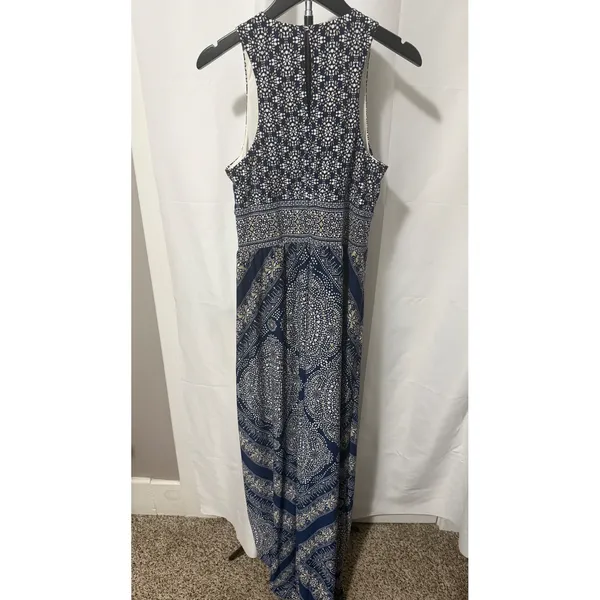 London Times Navy Blue Geometric Medallion Print Sleeveless Maxi Dress Size 8 - Image 3