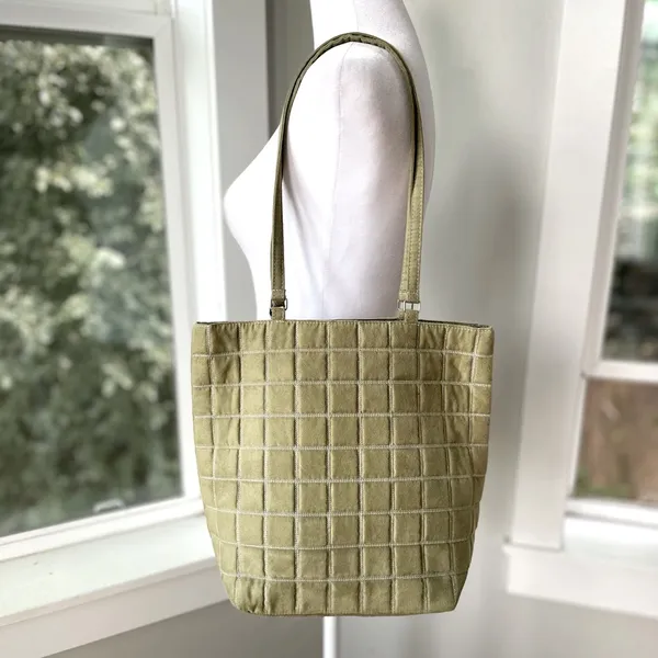 Bath & Body Work Sage Green Quilted Faux Suede Tote Bag Purse - Image 9