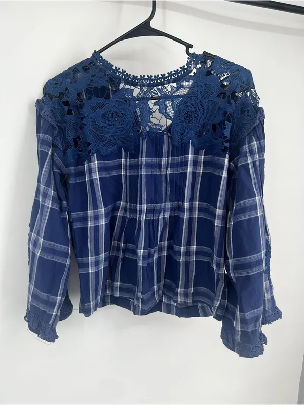 Free people Blue Plaid Lace Yoke Women's Top - Unbranded - Image 5