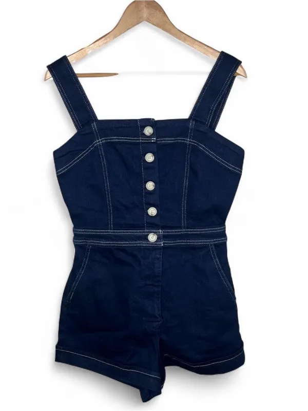 Maeve The Portside Denim Square Neck Button Front Romper Retro Boho Twee - Image 3