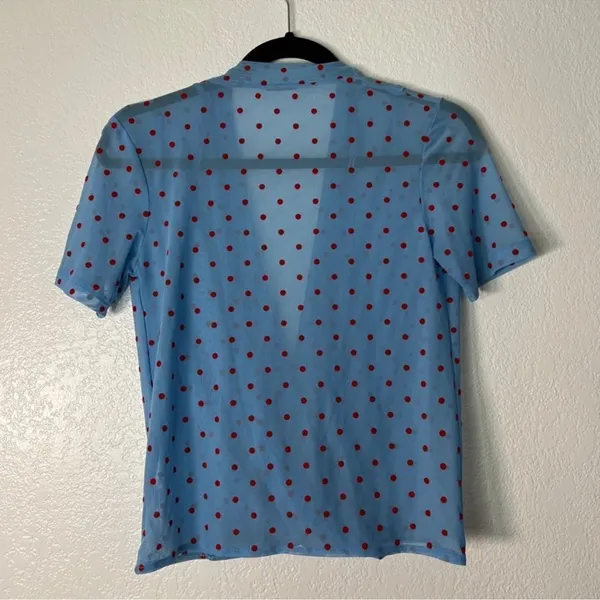ZARA TRAFALUC baby blue red polka dot semi sheer mesh retro top S B18‎ - Image 8