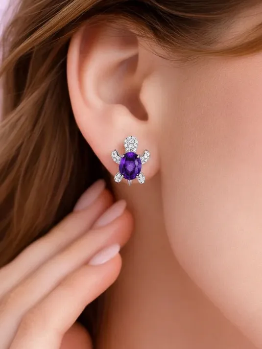 Silver Turtle Stud Earrings with Purple Gemstones - Image 2