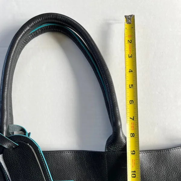 Black Deertan Cowhide Leather Tote Bag Teal Trim Classic‎ Minimalist Purse - Image 11