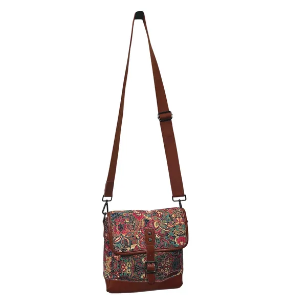 Baosha Floral Paisley Canvas Messenger Bag Brown Faux Leather Crossbody Satchel - Image 3