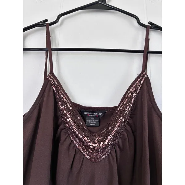 Y2K Guess Jeans‎ Womens Brown Sequin V-Neck Camisole Adjustable Strap Tank Top M - Image 4