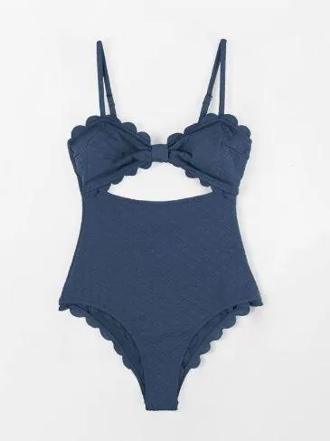 Cupshe - 1 pc. Black Knotted Scalloped Trim Cutout swimsuit - Medium Dark Blue - Image 3