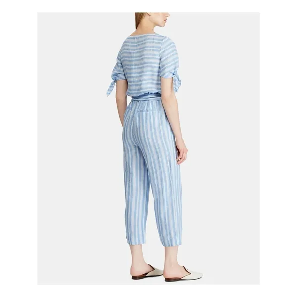 Lauren Ralph Lauren Blue & White Striped 100% Linen Wife Leg Jumpsuit Size 10 - Image 2