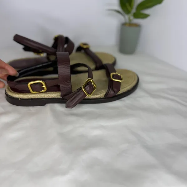 Zara Burgundy Leather Jute‎ Buckle Strappy Flat Sandals Shoes Womens 39 8.5 - Image 7