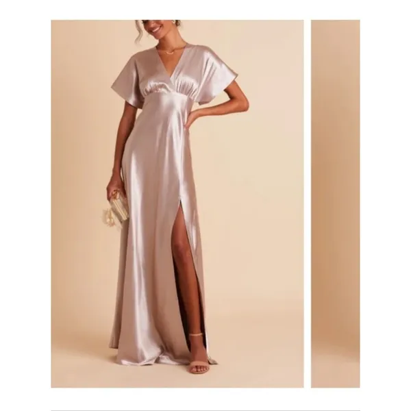 Birdy Grey Jesse Dress Taupe Kimono Satin Bridesmaid Maxi Slit Flattering Small - Image 2