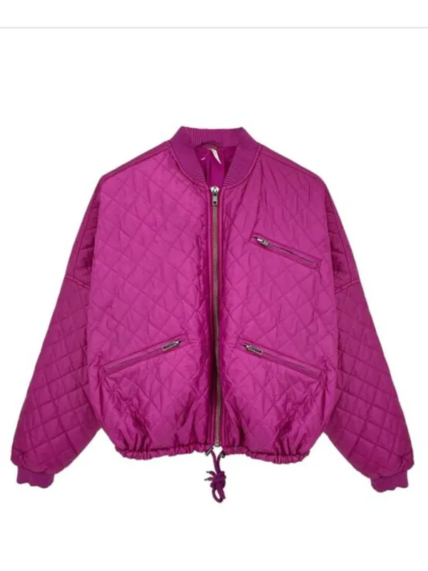 FREE PEOPLE Easy Quilted Bomber Jacket Pink Fuchsia Cropped Zip, Size M - Image 2