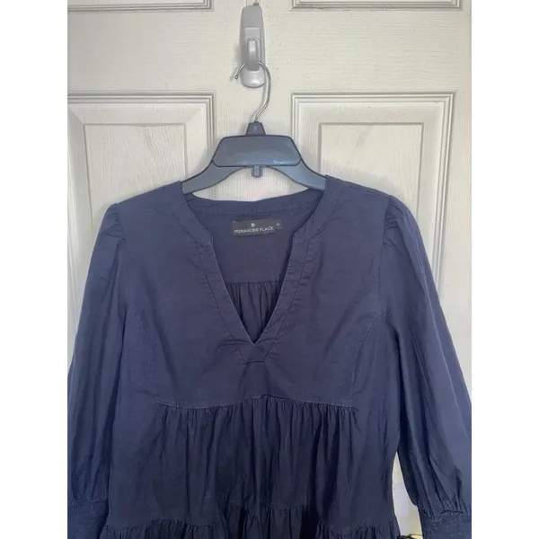 Pomander Place Tuckernuck Navy Crepe Kenzo Tiered Mini Dress XL Minimal Cottage - Image 4