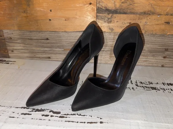 Eloshman Women's Black Patent Leather Pumps Pointed Toe Stiletto Slip On Size 7 - Image 2