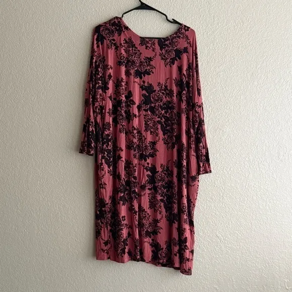 Free People Floral Midi Dress Pink Black Long Sleeve Boho Size Medium - Image 5