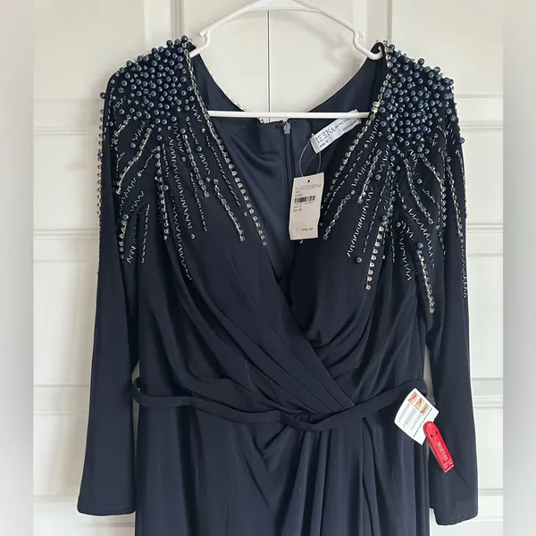 Leena Mac Duggal Long Sleeve Jersey Wrap Gown‎ Dress Embellished V Neck Midnight - Image 5